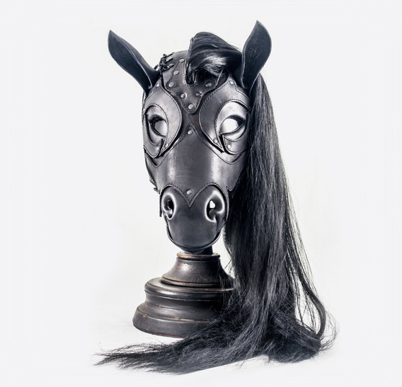 Black Leather Horse Mask with Application and Long Mane