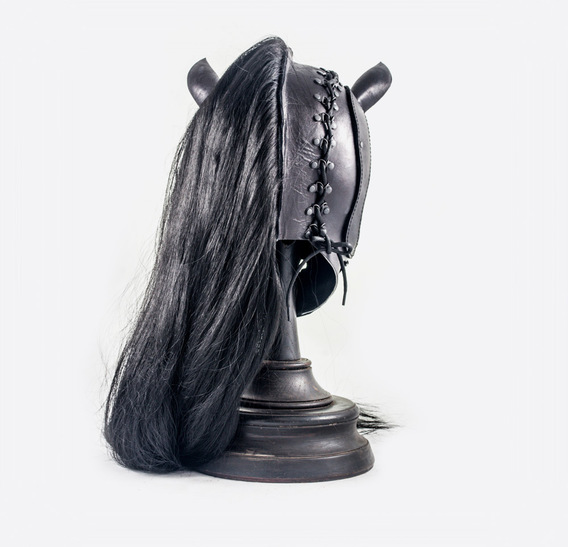 Black Leather Horse Mask with Application and Long Mane