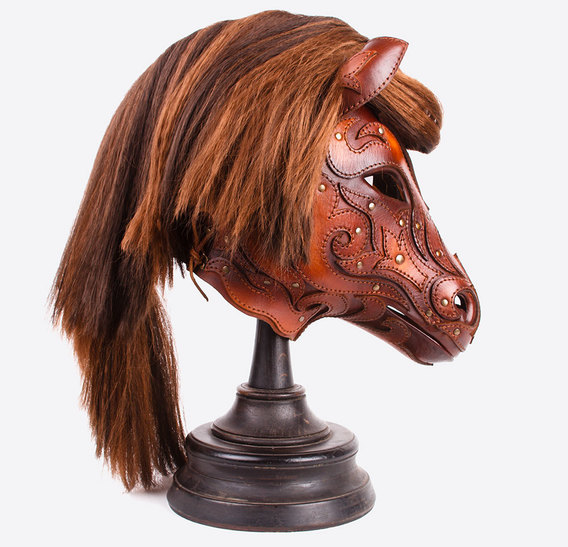 Brown Leather Horse Pony Mask with Application